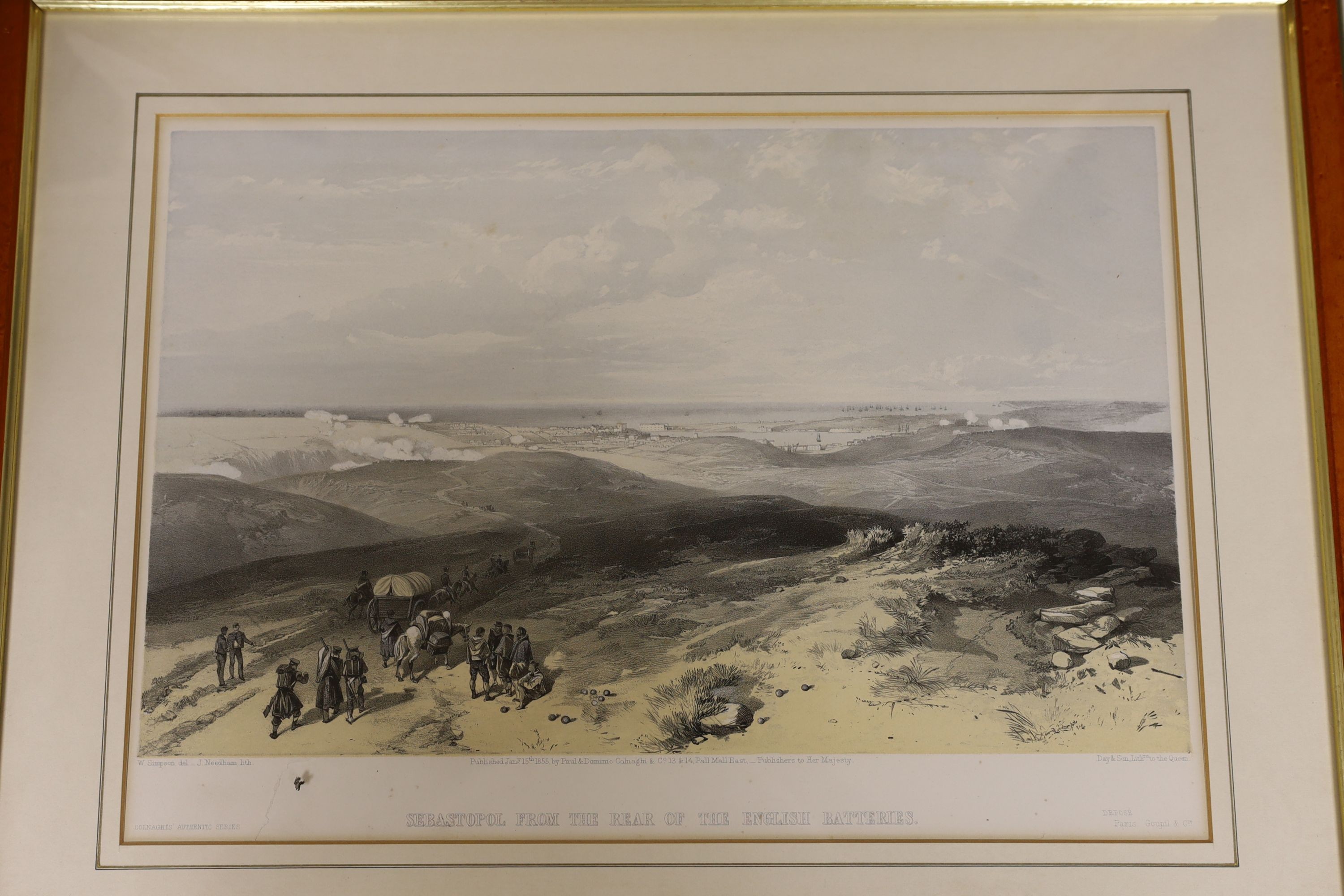 Day & Son Lithographers, eight coloured lithographs, Scenes from the Crimean War: Hudson Warm Clothing for The Army; Sebastapol from the rear of the English batteries; The Camp of the 2nd Division looking East; The Valle